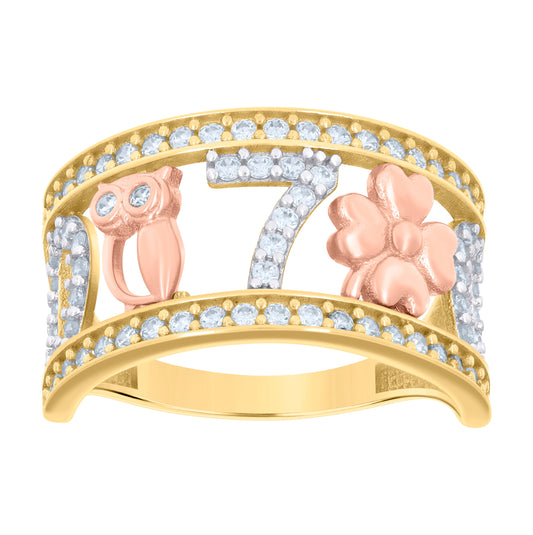 10K Tri-Color Gold Womens Cubic-Zirconia Horseshoe Owl Clover 7 Good Luck Ring