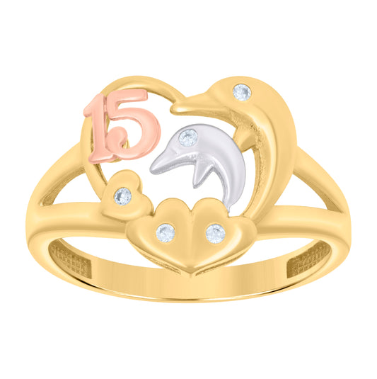 10K Tri-Color Gold Womens Cubic-Zirconia Heart Dolphin 15 Quinceanera Ring