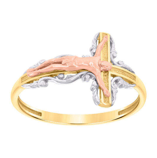10K Tri-Color Gold Womens Crucifix Cross Religious Ring