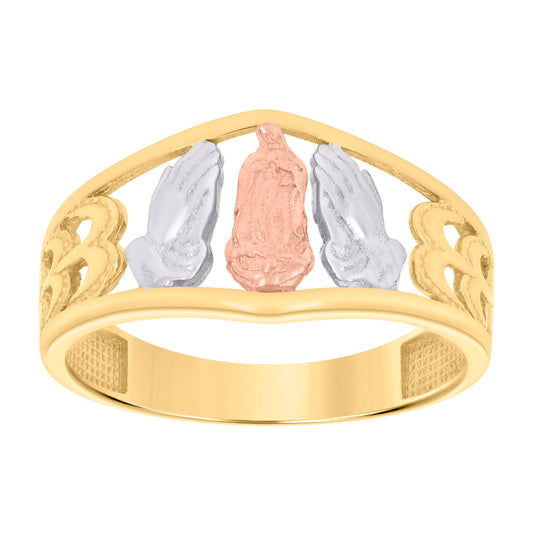 10K Tri-Color Gold Womens Guadalupe Praying Hands Symbol Religious Ring