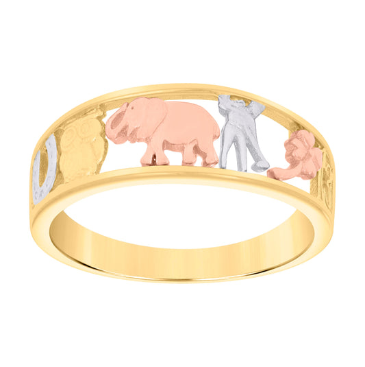 10K Tri-Color Gold Womens Elephant Owl Clover Horseshoe Good Luck Ring