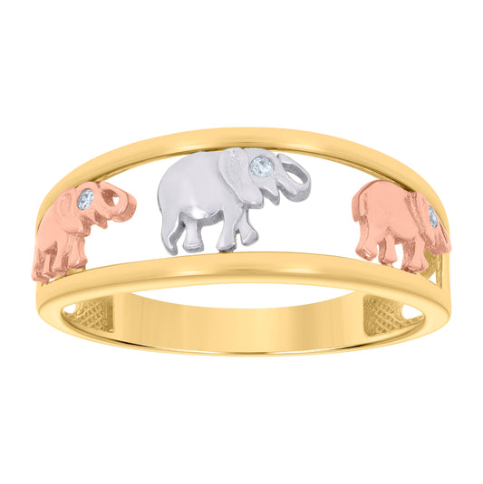 10K Tri-Color Gold Womens Cubic-Zirconia Elephant Good Luck Ring