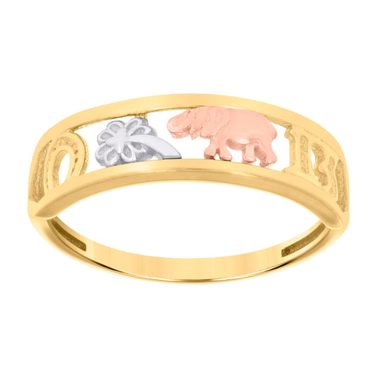 10K Tri-Color Gold Womens Elephant Clover Horseshoe Good Luck Ring