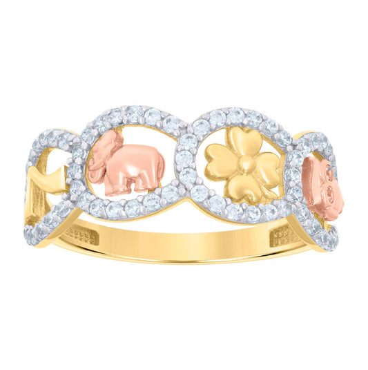10K Tri-Color Gold Womens Cubic-Zirconia Elephant Owl Clover 7 Good Luck Ring