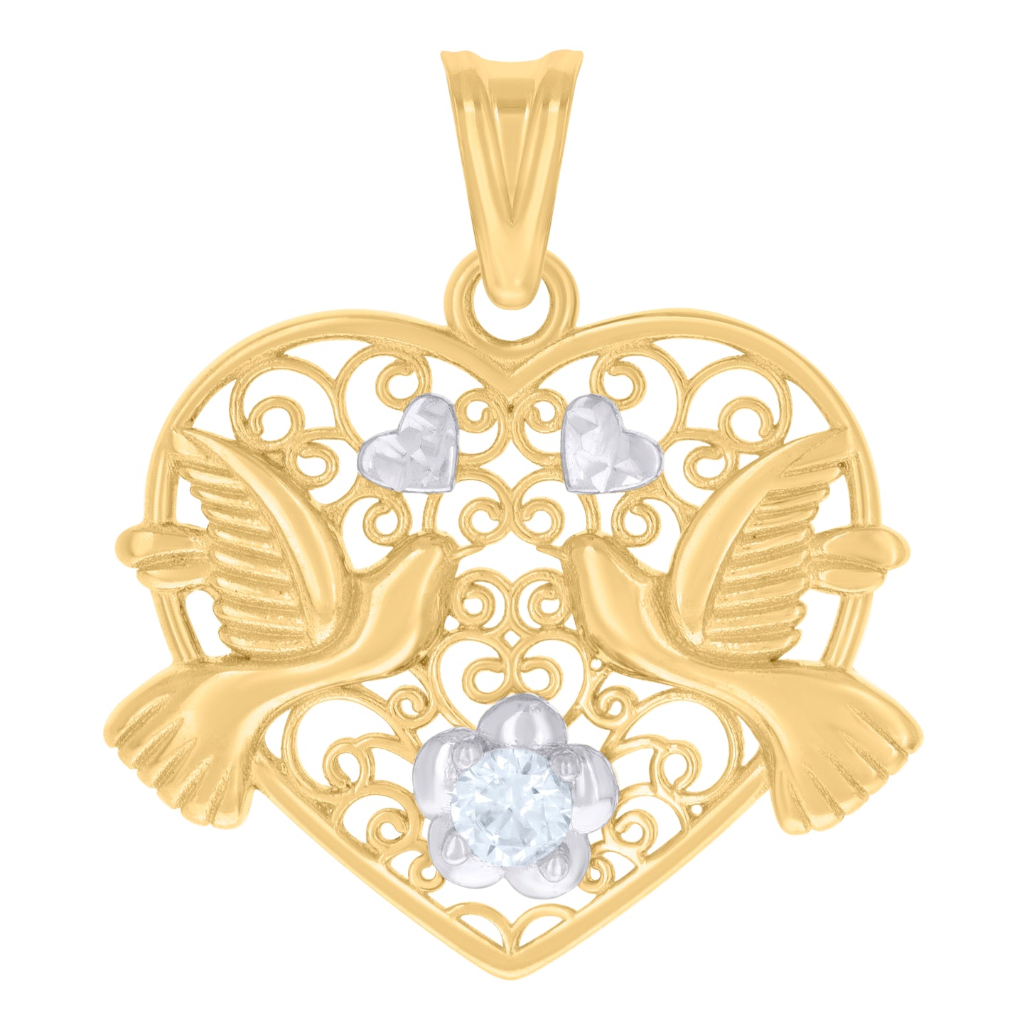 10K Two-tone Gold Womens Cubic-Zirconia Flying Doves Heart Charm Pendant
