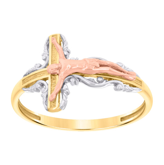 14K Tri-Color Gold Womens Crucifix Cross Religious Ring
