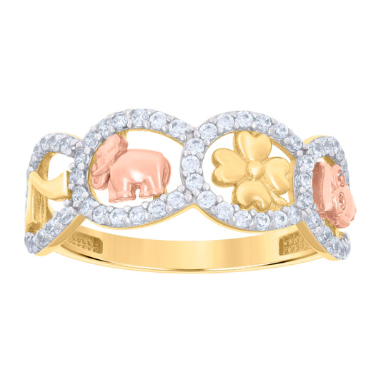 14K Tri-Color Gold Women Cubic-Zirconia Elephant Owl Clover 7 Good Luck Ring