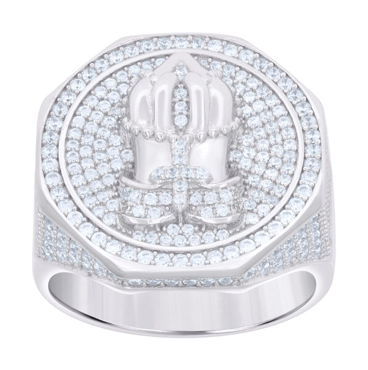 Sterling Silver Mens Cubic-Zirconia Praying Hands Symbol Religious Bridal Anniversary Wedding Engagement Band Ring