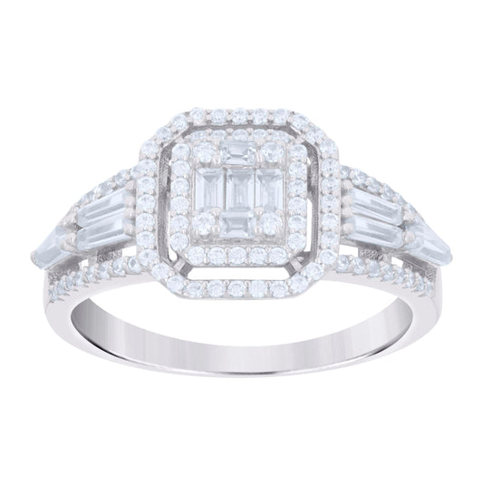 Sterling Silver Womens Baguette Round Cubic-Zirconia Octagon Head Fashion Bridal Anniversary Wedding Engagement Band Ring