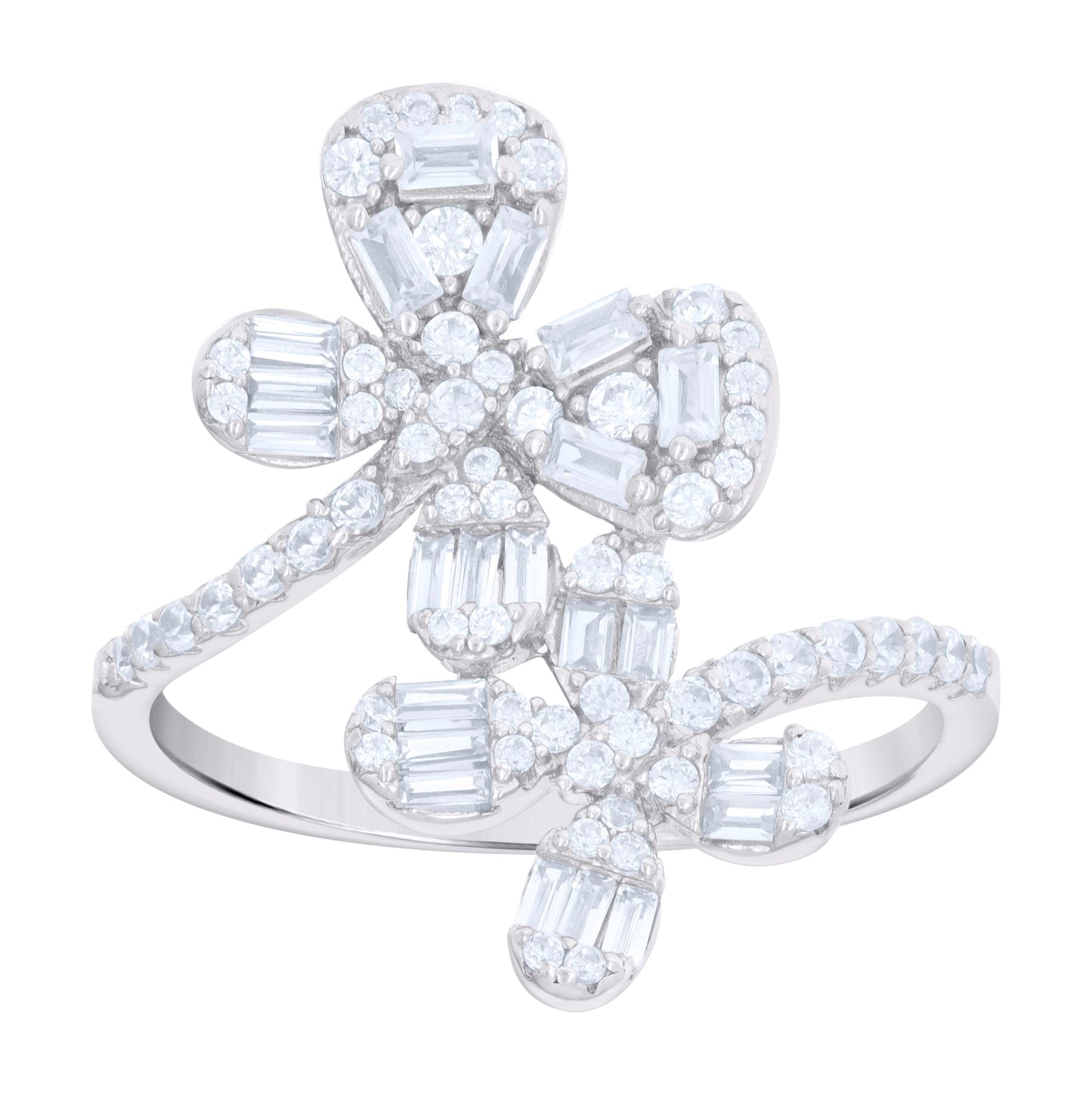 Sterling Silver Womens Baguette Round Cubic-Zirconia Flower Fashion Bridal Anniversary Wedding Engagement Band Ring
