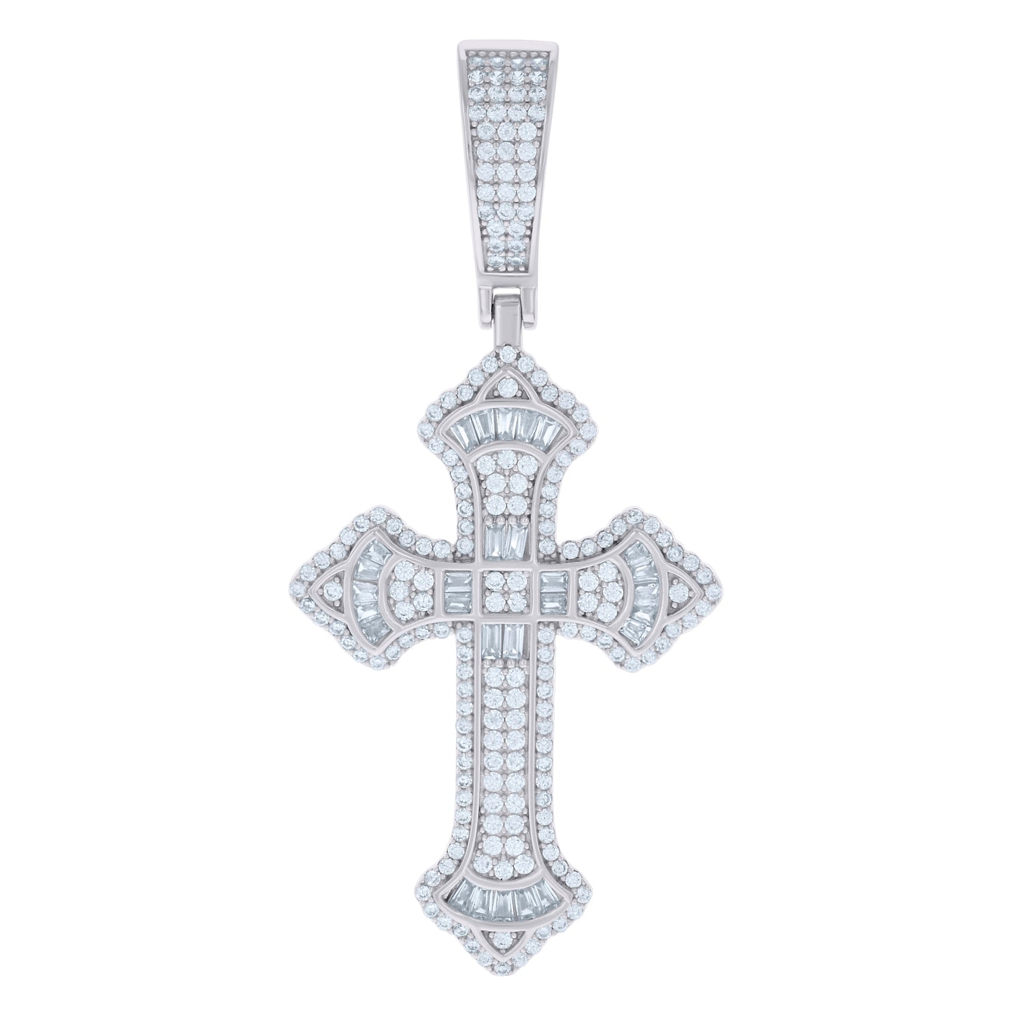 Sterling Silver Mens Baguette Round Cubic-Zirconia Cross Religious Charm Pendant