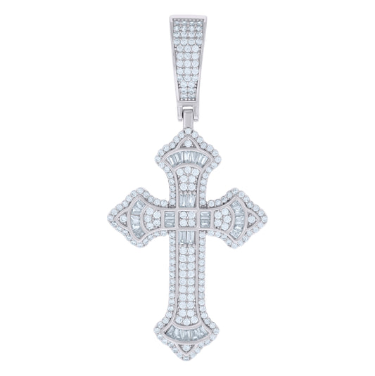Sterling Silver Mens Baguette Round Cubic-Zirconia Cross Religious Charm Pendant