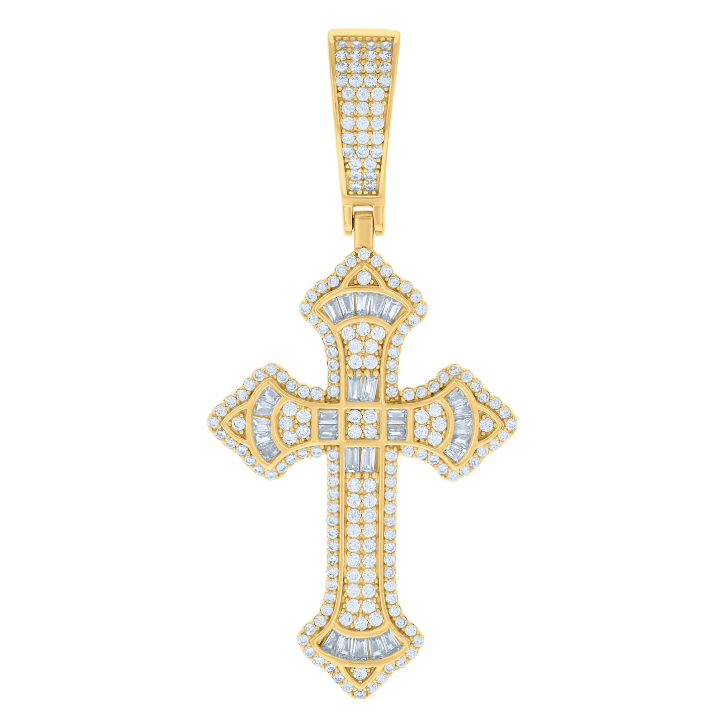 Sterling Silver Mens Baguette Round Cubic-Zirconia Cross Religious Charm Pendant