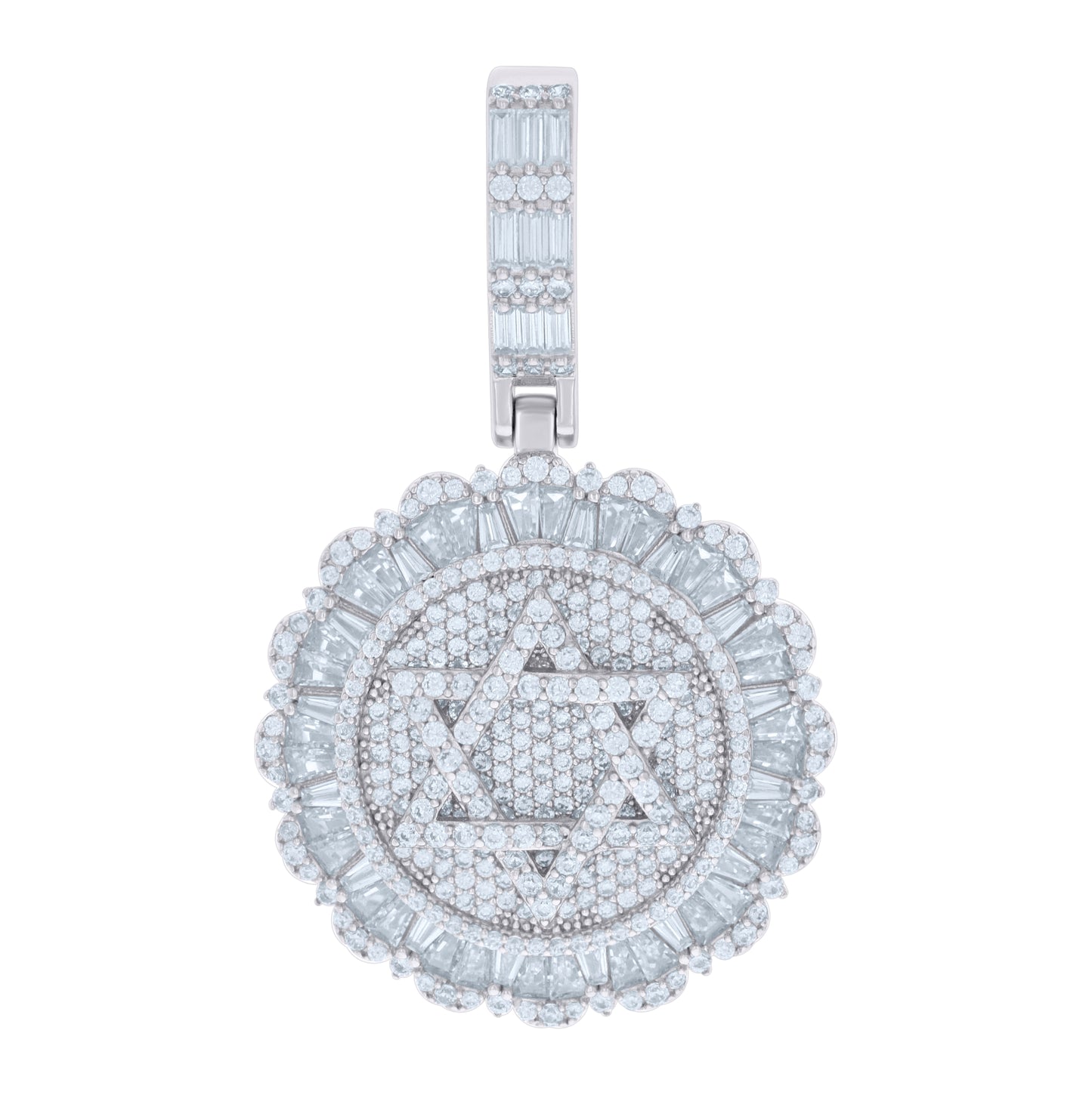 Sterling Silver Mens Baguette Round Cubic-Zirconia Star Of David Symbol Religious Charm Pendant