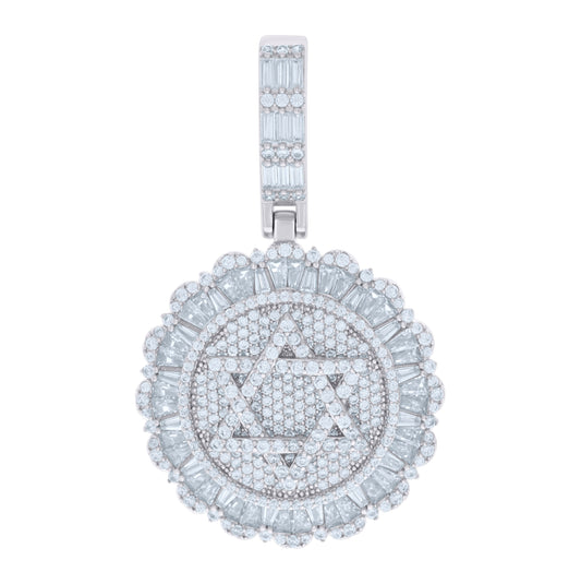 Sterling Silver Mens Baguette Round Cubic-Zirconia Star Of David Symbol Religious Charm Pendant