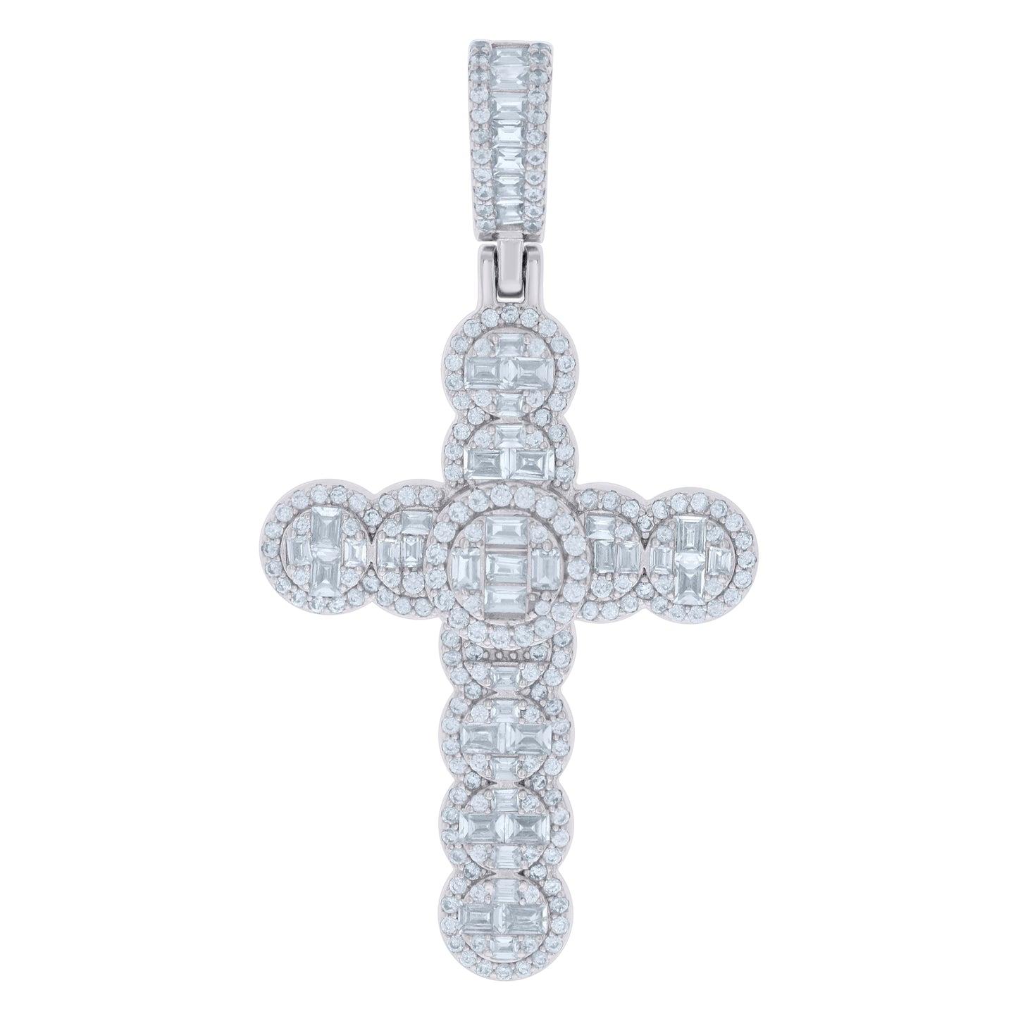 Sterling Silver Mens Baguette Round Cubic-Zirconia Cross Religious Charm Pendant