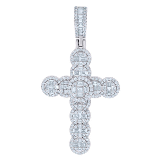 Sterling Silver Mens Baguette Round Cubic-Zirconia Cross Religious Charm Pendant