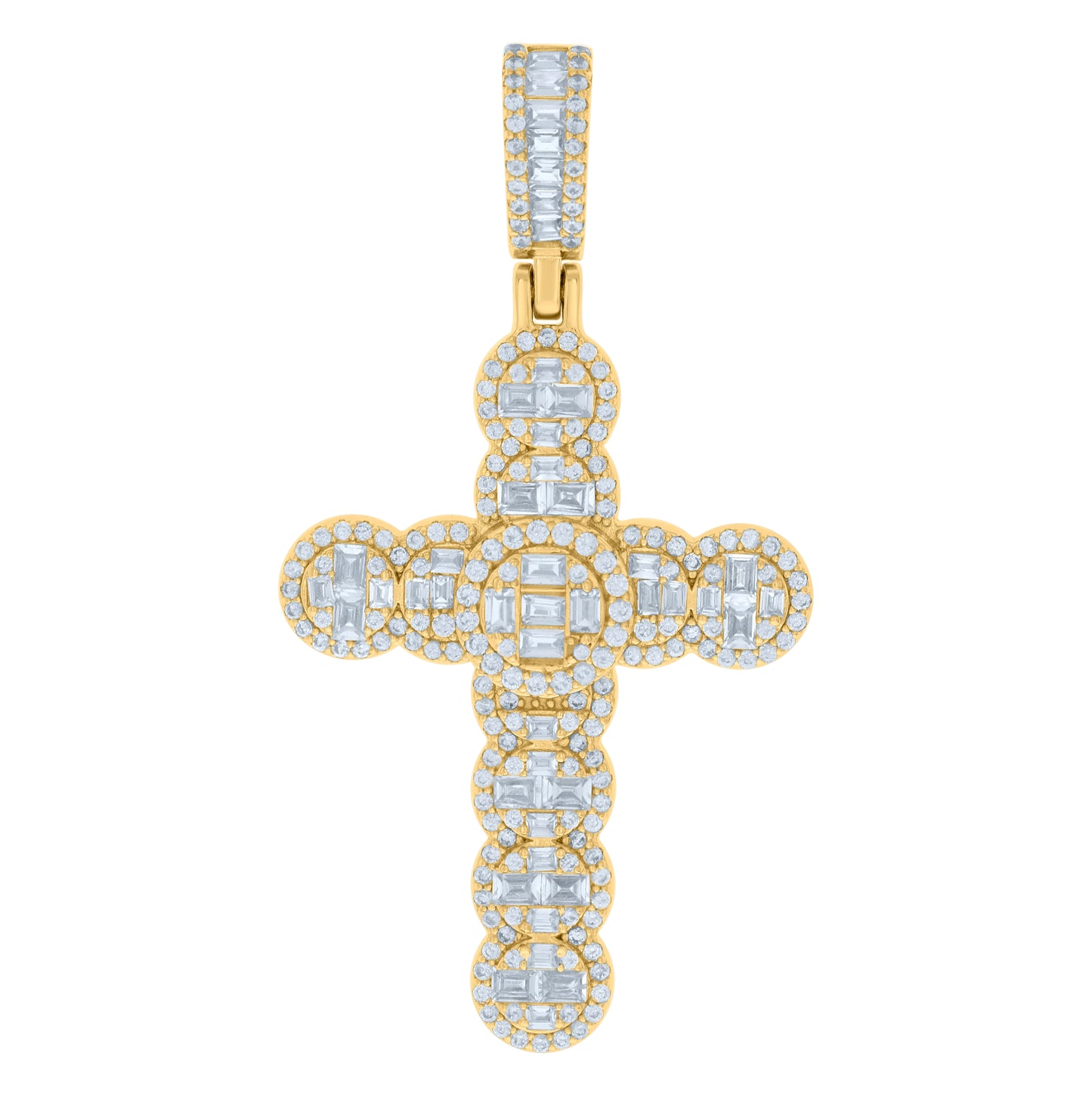Sterling Silver Mens Baguette Round Cubic-Zirconia Cross Religious Charm Pendant