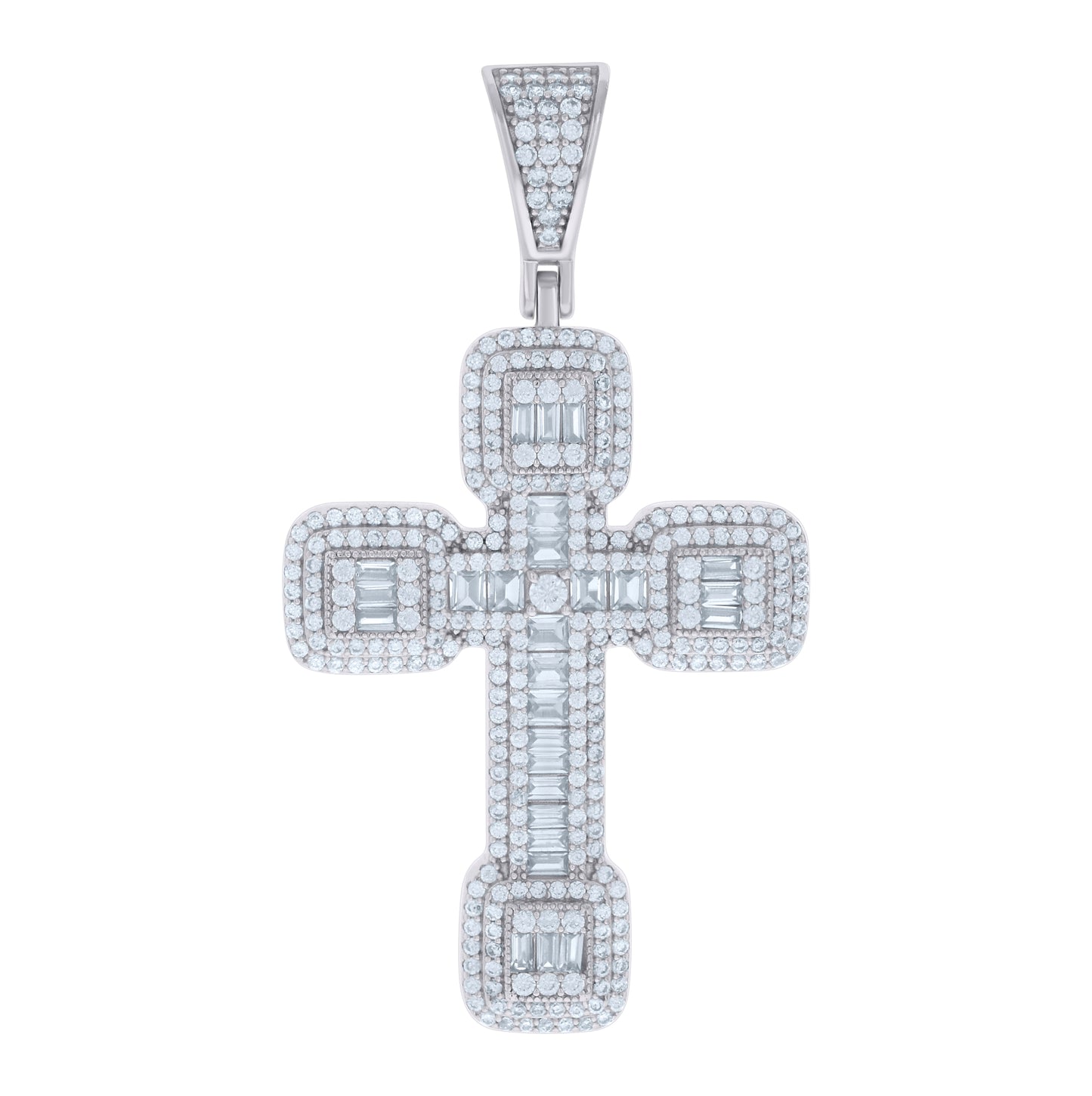 Sterling Silver Mens Baguette Round Cubic-Zirconia Cross Religious Charm Pendant