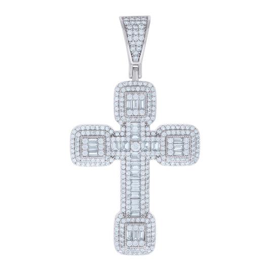 Sterling Silver Mens Baguette Round Cubic-Zirconia Cross Religious Charm Pendant