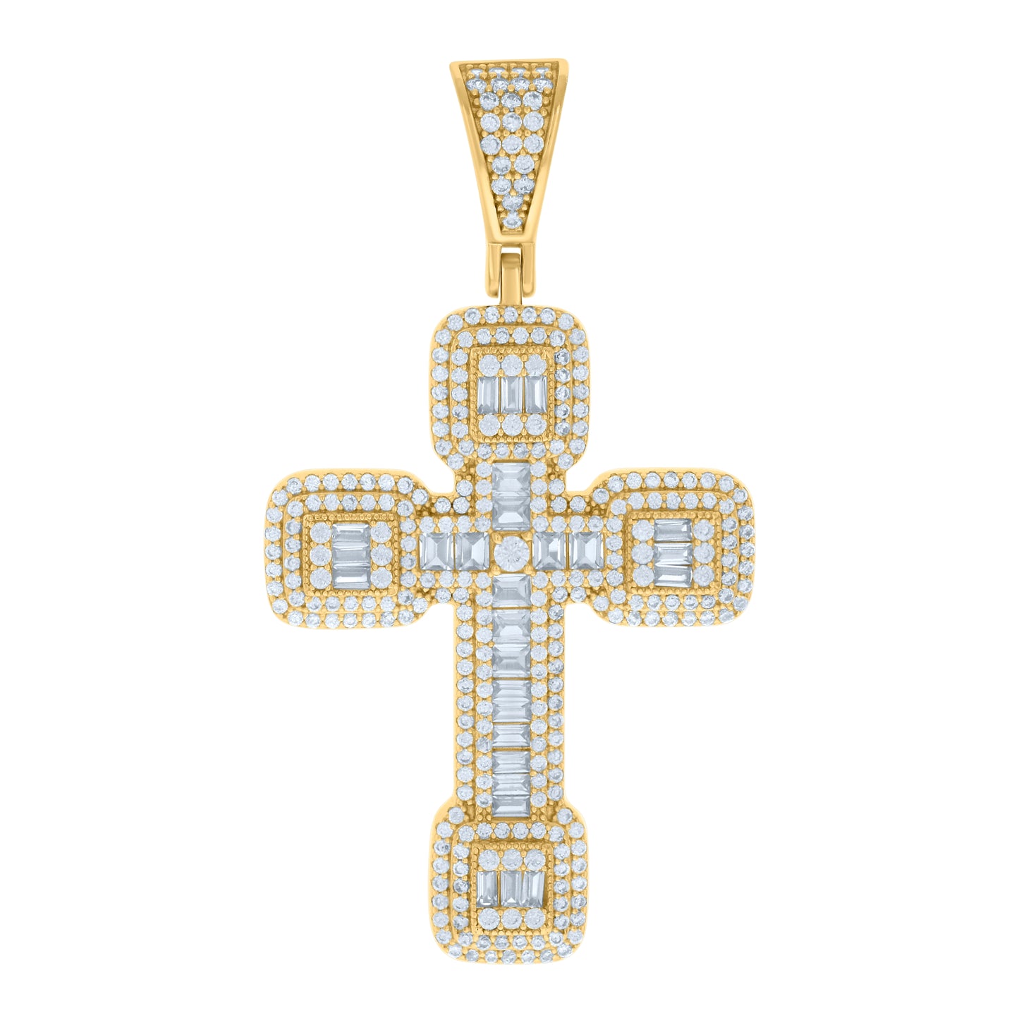 Sterling Silver Mens Baguette Round Cubic-Zirconia Cross Religious Charm Pendant