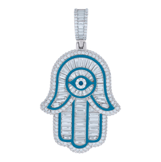 Sterling Silver Mens Baguette Round Cubic-Zirconia Blue Enamel Hamsa Symbol Religious Pendant