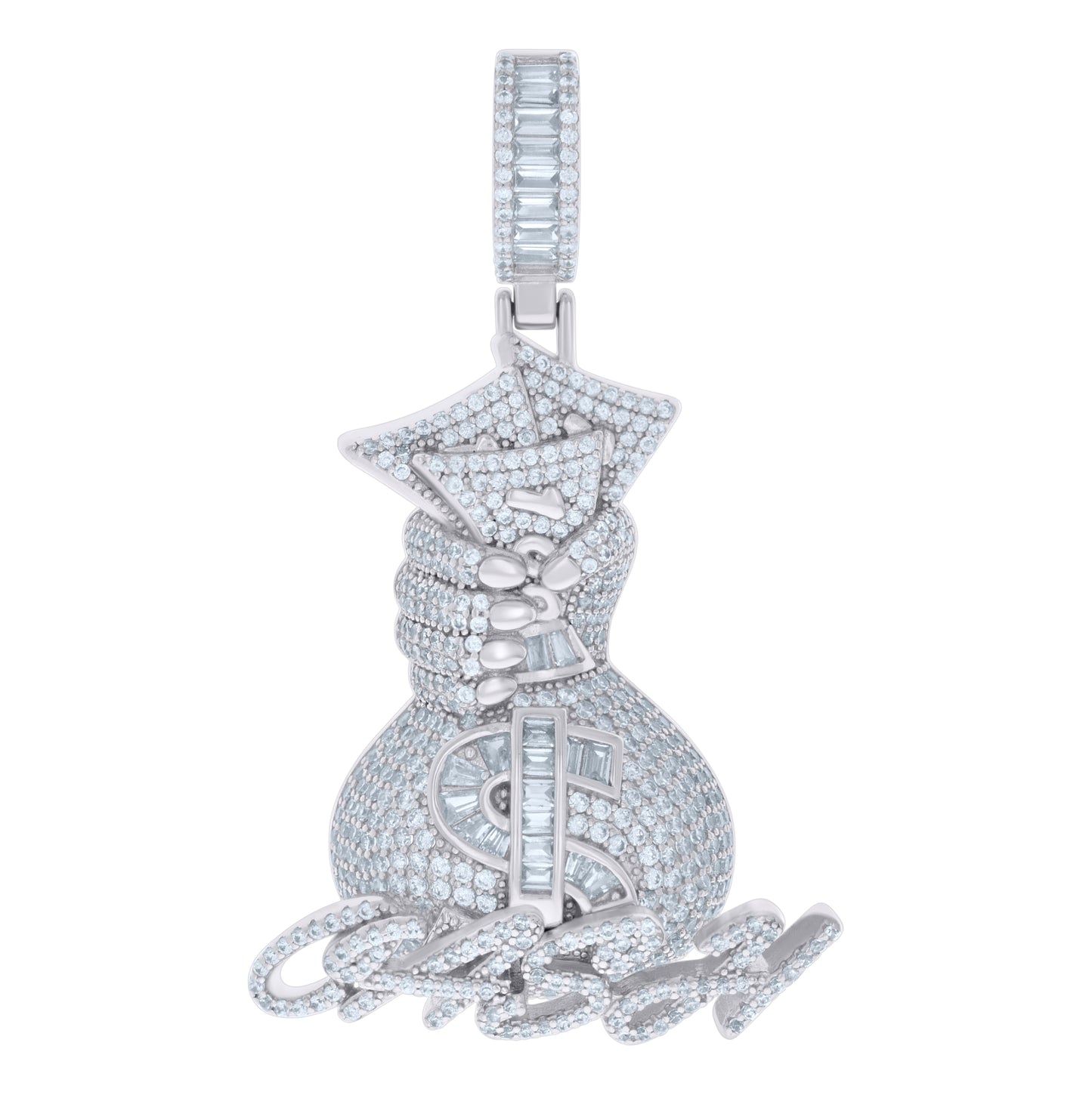 Sterling Silver Mens Baguette Round Cubic-Zirconia Money Bag Currency Fashion Charm Pendant