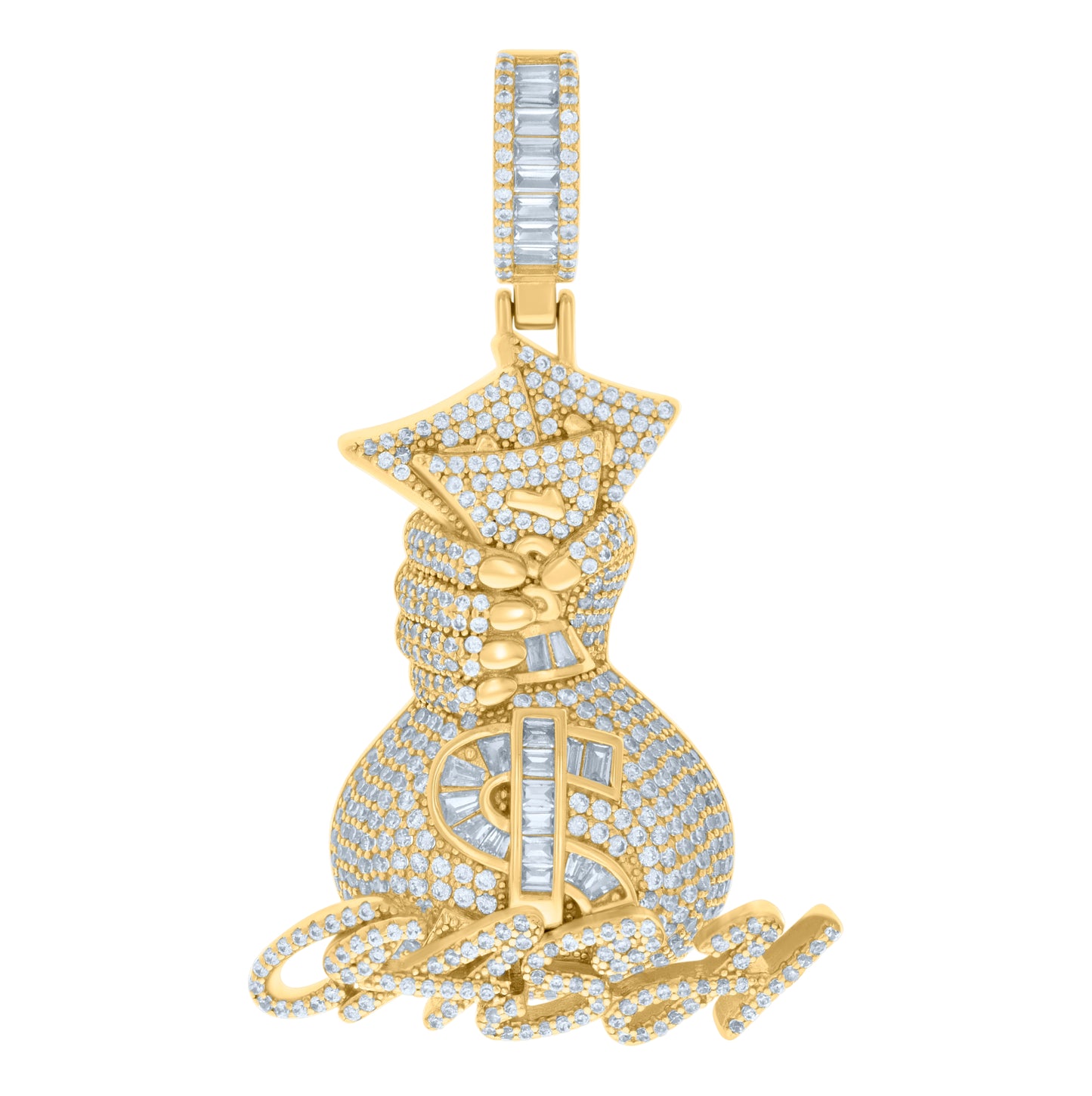 Sterling Silver Mens Baguette Round Cubic-Zirconia Money Bag Currency Fashion Charm Pendant