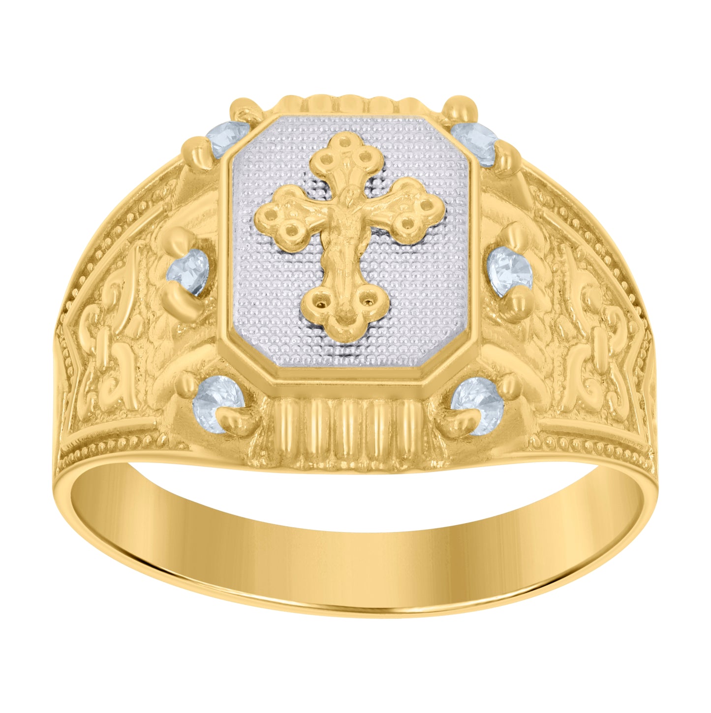 10K Two-tone Gold Mens Cubic-Zirconia Crucifix Cross Religious Ring