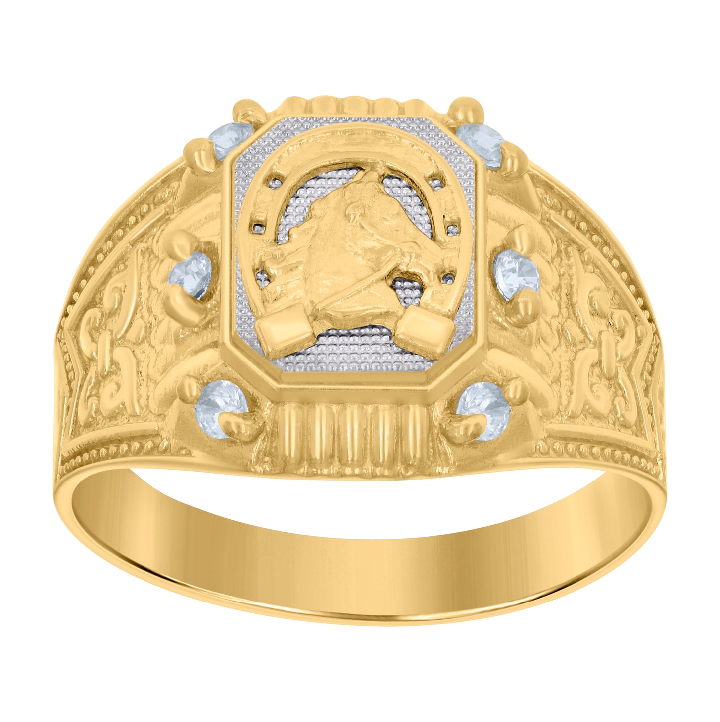 10K Two-tone Gold Mens Cubic-Zirconia Horseshoe Good Luck Ring