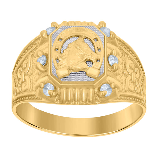 10K Two-tone Gold Mens Cubic-Zirconia Horseshoe Good Luck Ring