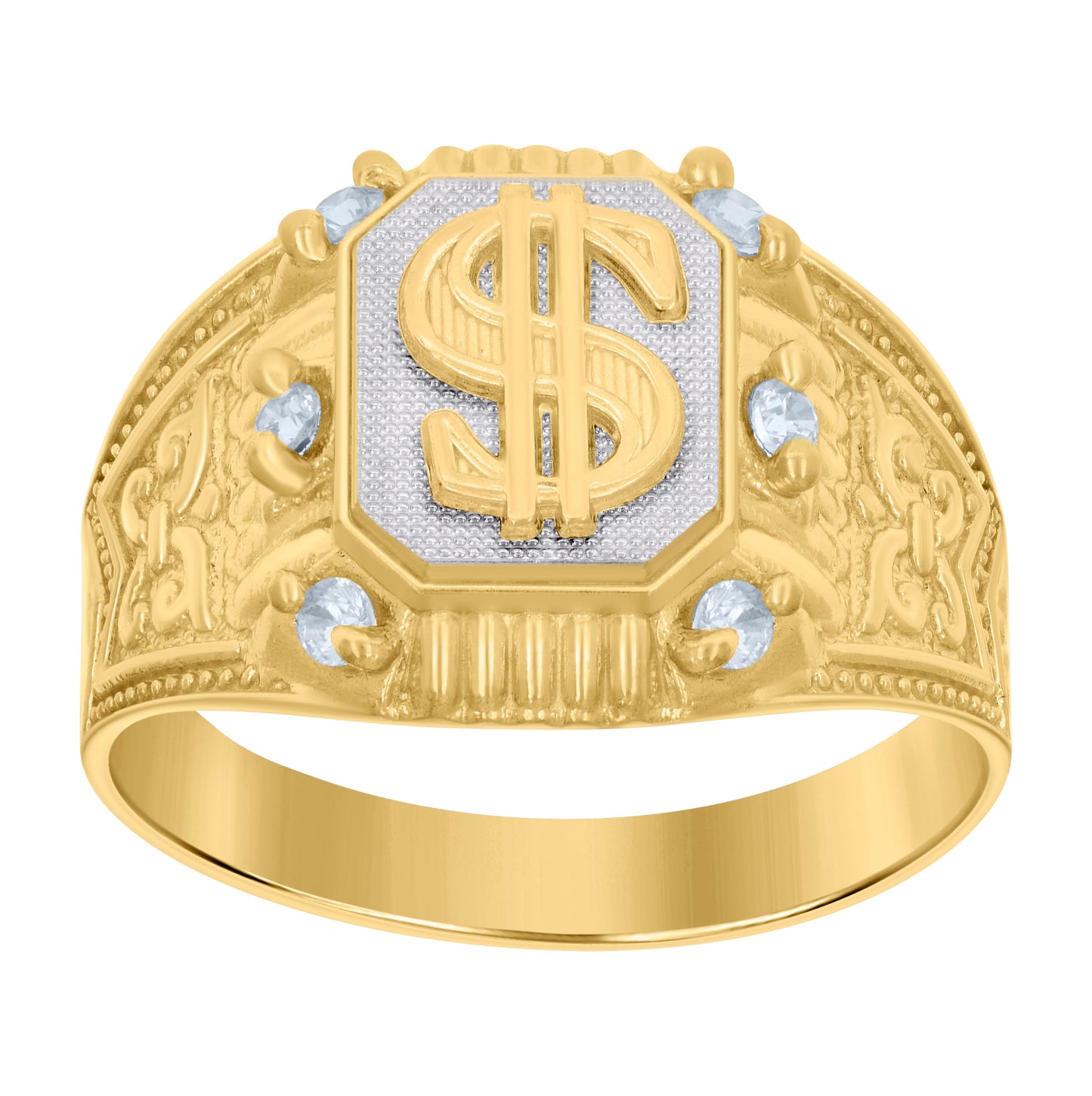 10K Two-tone Gold Mens Cubic-Zirconia Dollar Symbol Currency Ring