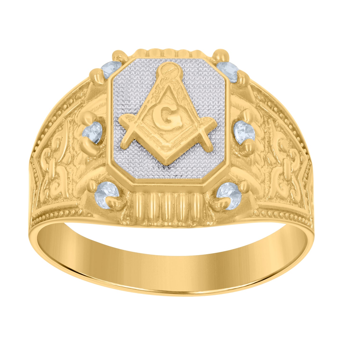 10K Two-tone Gold Mens Cubic-Zirconia Masonic Symbol Religious Ring