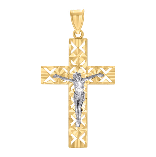 10K Two-tone Gold Mens Crucifix Cross Religious Pendant