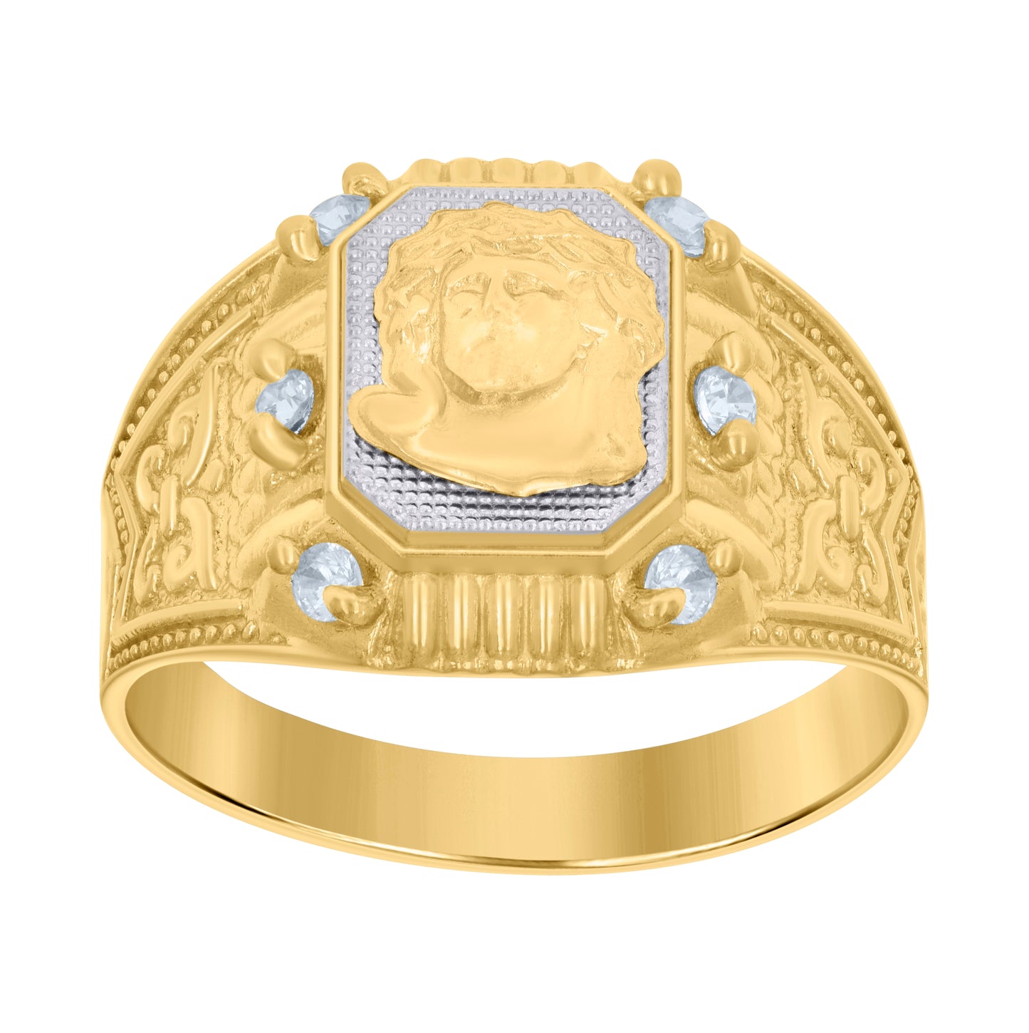 10K Two-tone Gold Mens Cubic-Zirconia Jesus Religious Ring