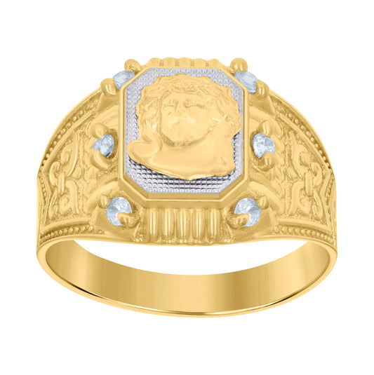 10K Two-tone Gold Mens Cubic-Zirconia Jesus Religious Ring