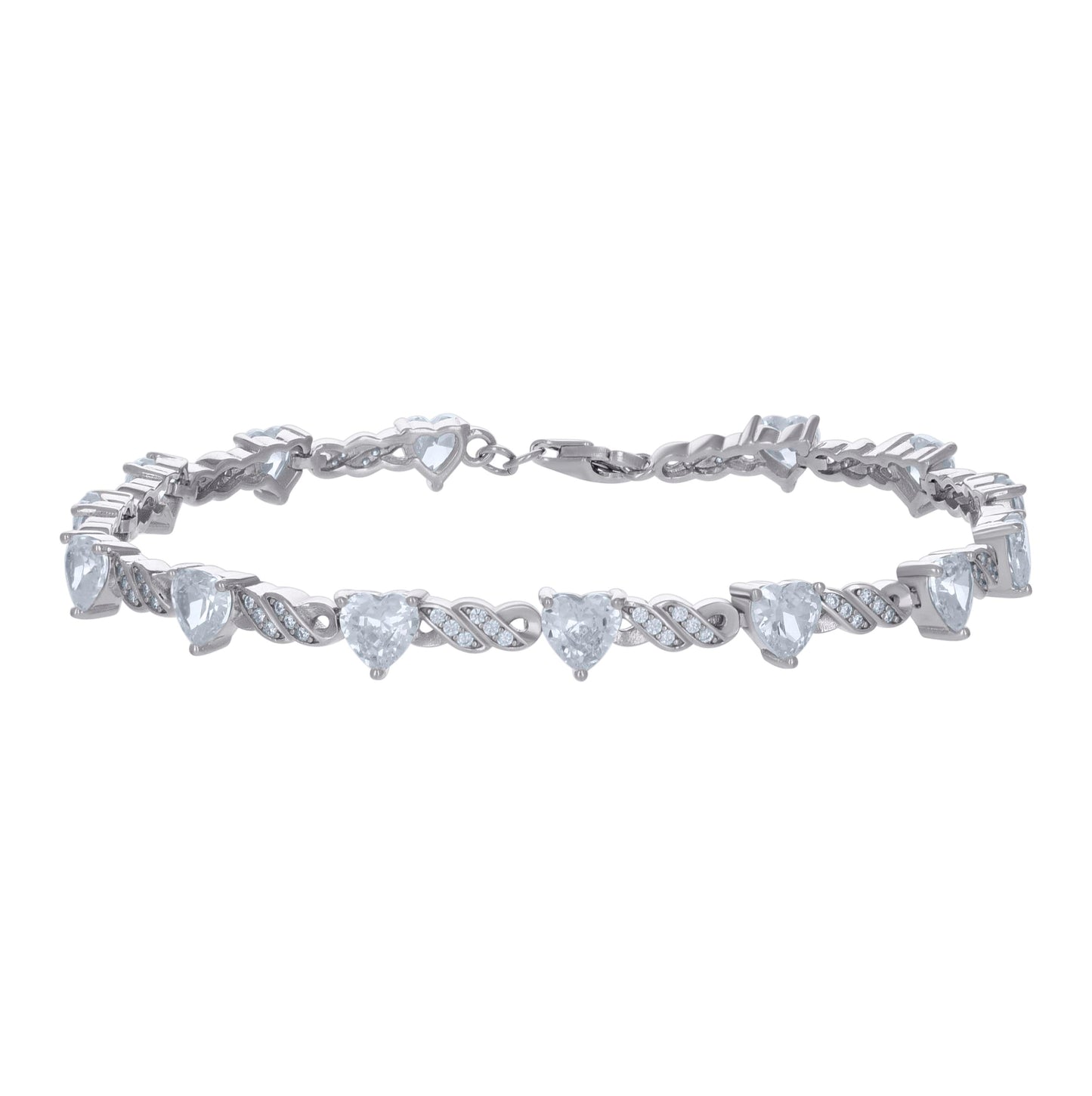 Sterling Silver Womens Heart Round Cubic-Zirconia Heart Tennis Bracelet