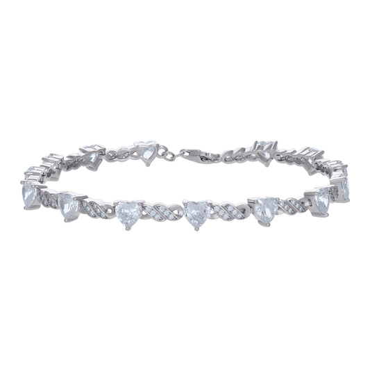 Sterling Silver Womens Heart Round Cubic-Zirconia Heart Tennis Bracelet