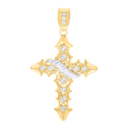 10K Two-tone Gold Mens Princess-cut Round Cubic-Zirconia Filigree Cross Religious Charm Pendant
