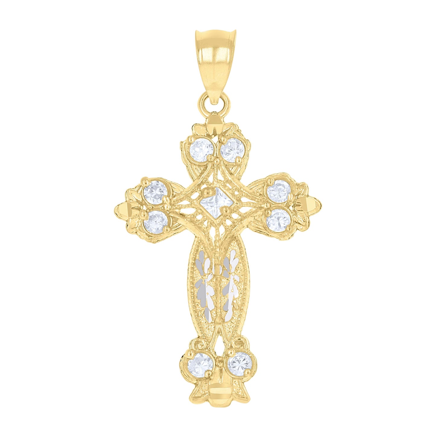 10K Two-tone Gold Womens Princess-cut Round Cubic-Zirconia Cross Religious Charm Pendant