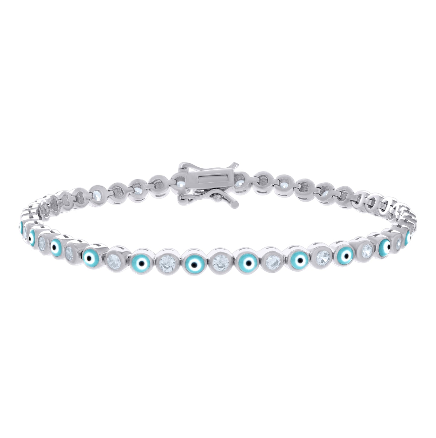 Sterling Silver Womens Cubic-Zirconia Evil Eye Good Luck Fashion Link Bracelet 7.25