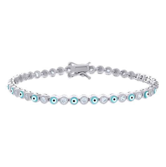 Sterling Silver Womens Cubic-Zirconia Evil Eye Good Luck Fashion Link Bracelet 7.25