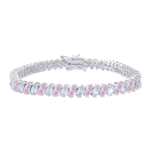 Sterling Silver Womens Light Pink White Marquise Cubic-Zirconia Fashion Link Bracelet 7.25