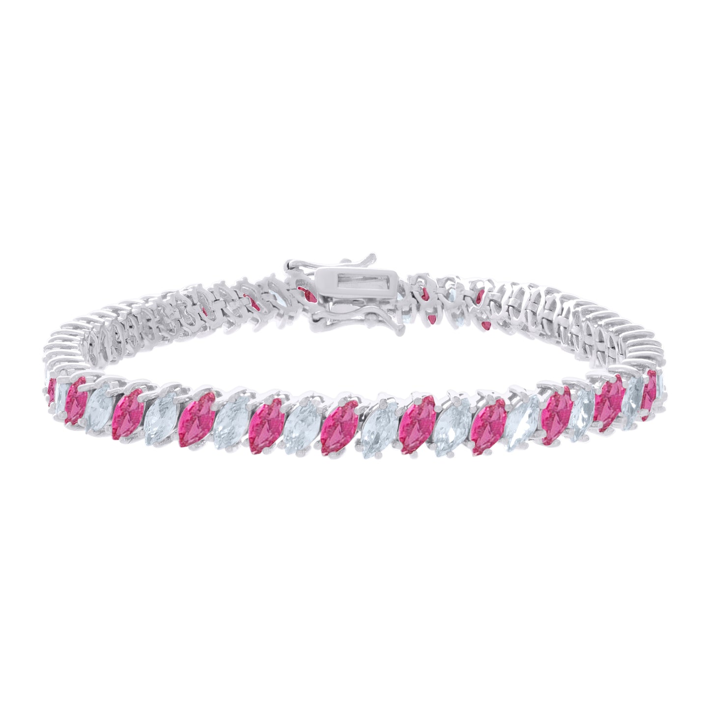 Sterling Silver Womens Pink White Marquise Cubic-Zirconia Fashion Link Bracelet 7