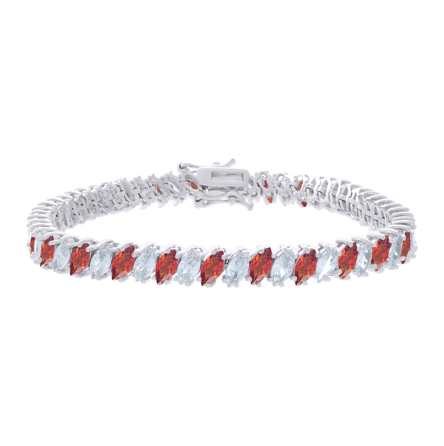 Sterling Silver Womens Red White Marquise Cubic-Zirconia Fashion Link Bracelet 7.25