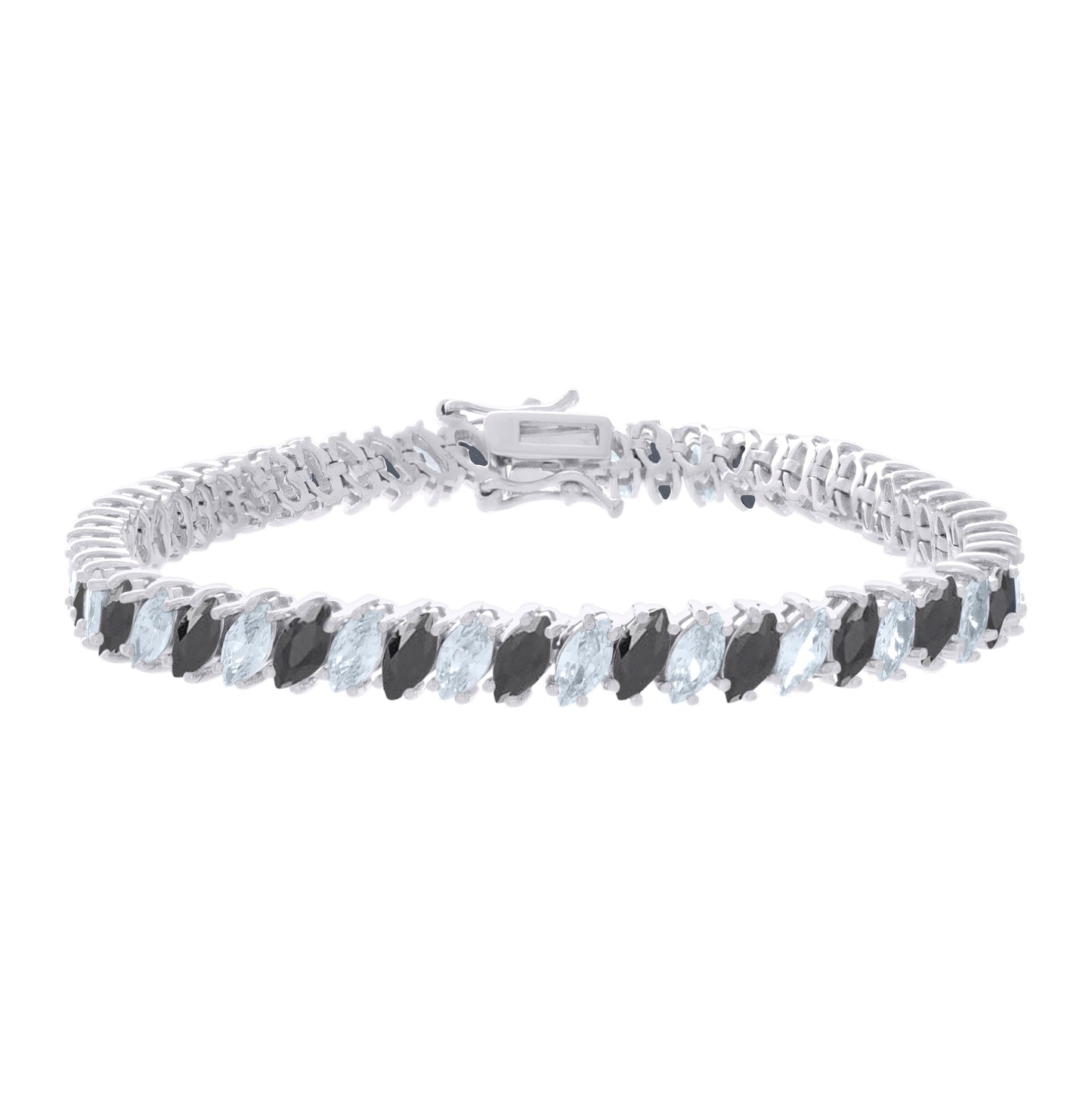 Sterling Silver Womens Black White Marquise Cubic-Zirconia Fashion Link Bracelet 7.25