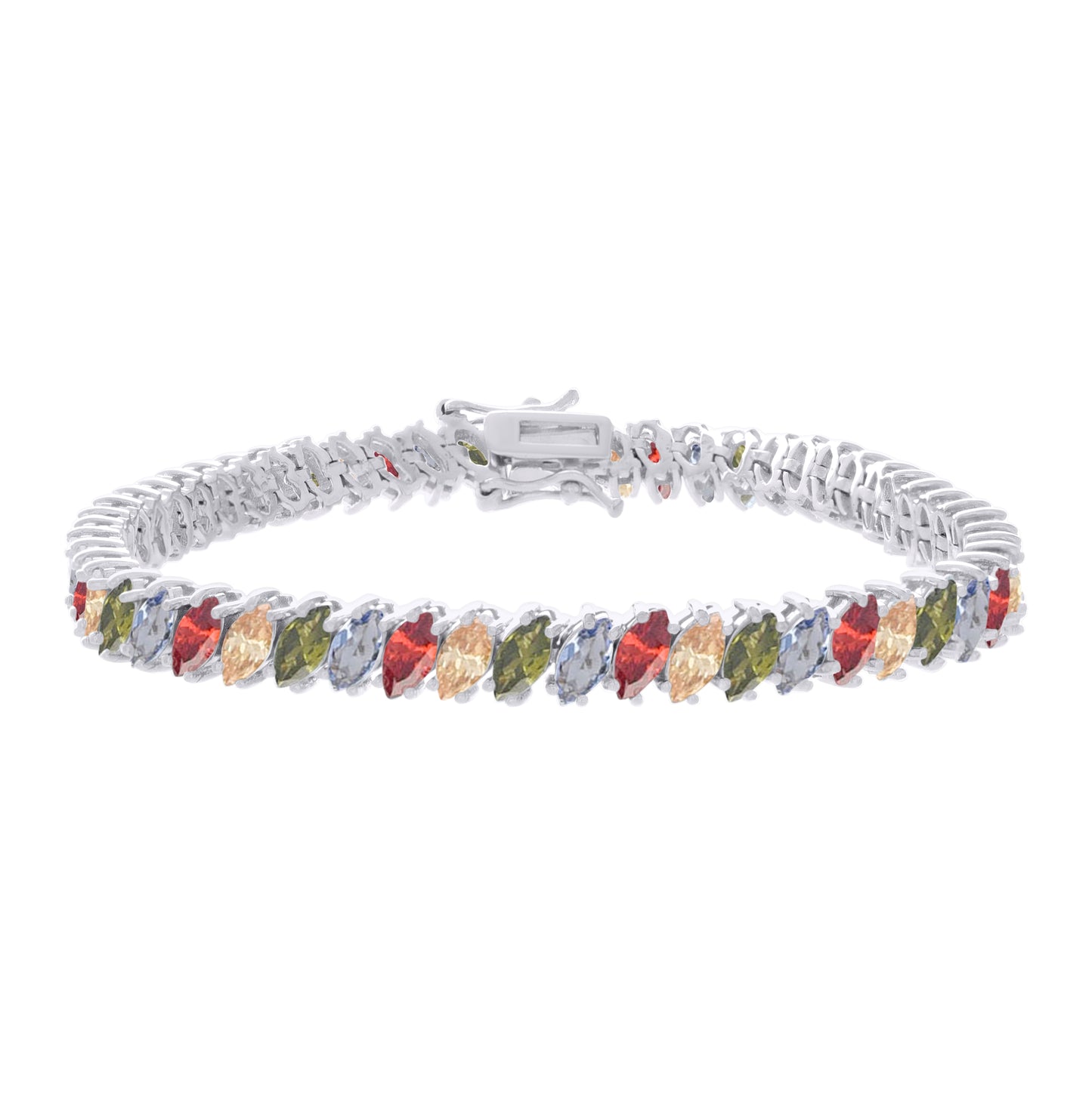 Sterling Silver Womens Multi-Color White Marquise Cubic-Zirconia Fashion Link Bracelet 7.25