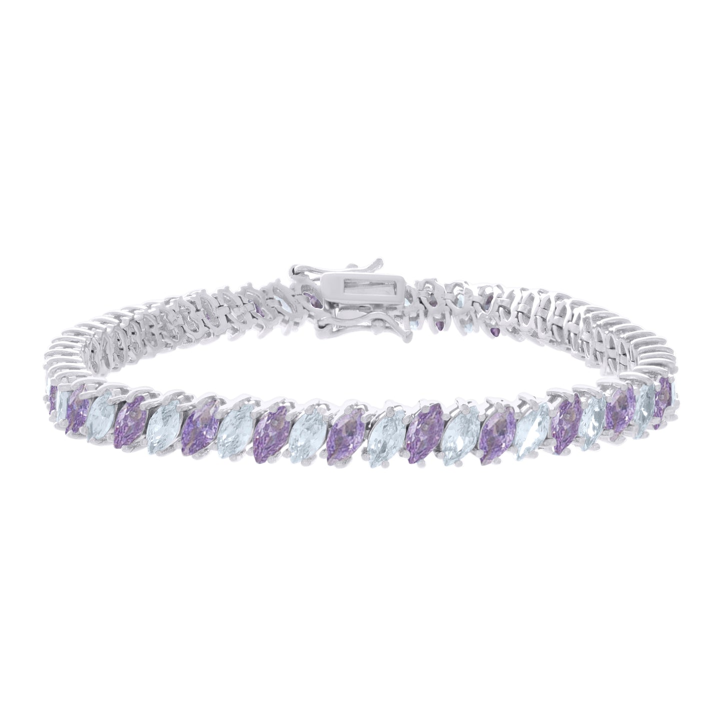 Sterling Silver Womens Purple White Marquise Cubic-Zirconia Fashion Link Bracelet 7.25