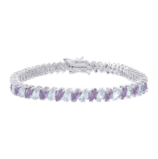 Sterling Silver Womens Purple White Marquise Cubic-Zirconia Fashion Link Bracelet 7.25