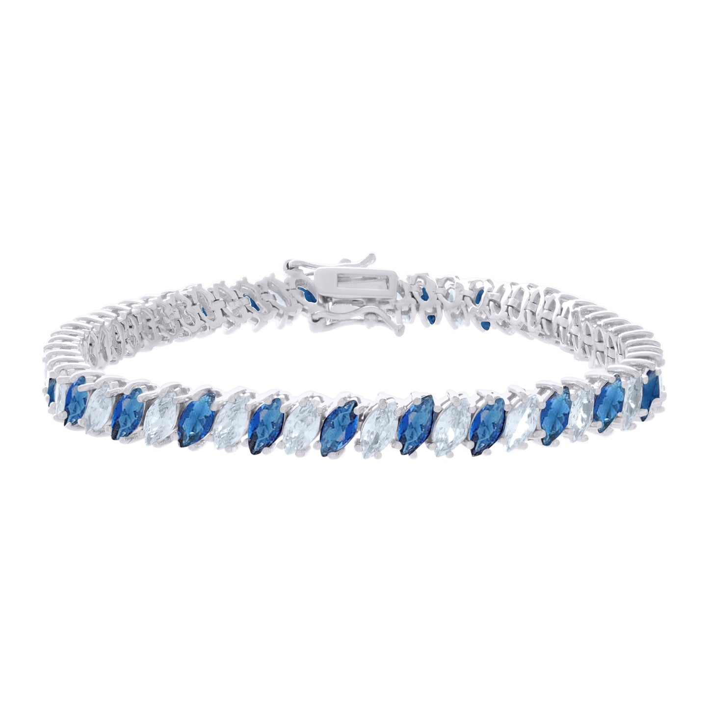 Sterling Silver Womens Blue White Marquise Cubic-Zirconia Fashion Link Bracelet 7.25